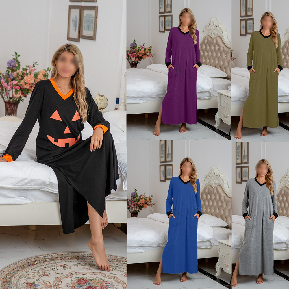 DCMINI Loungewear Long sleeve V-neck Nightgown Women Soft Sleepwear with Pocket