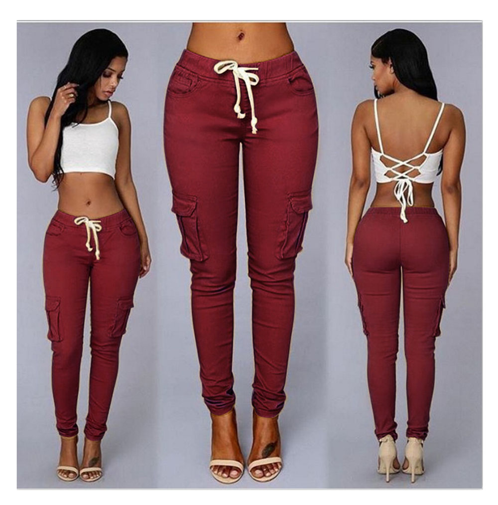 Women's Pencil Pants Multi-pocket Drawstring Lace-up Women's Casual Pants Multi-color Optional 4XL