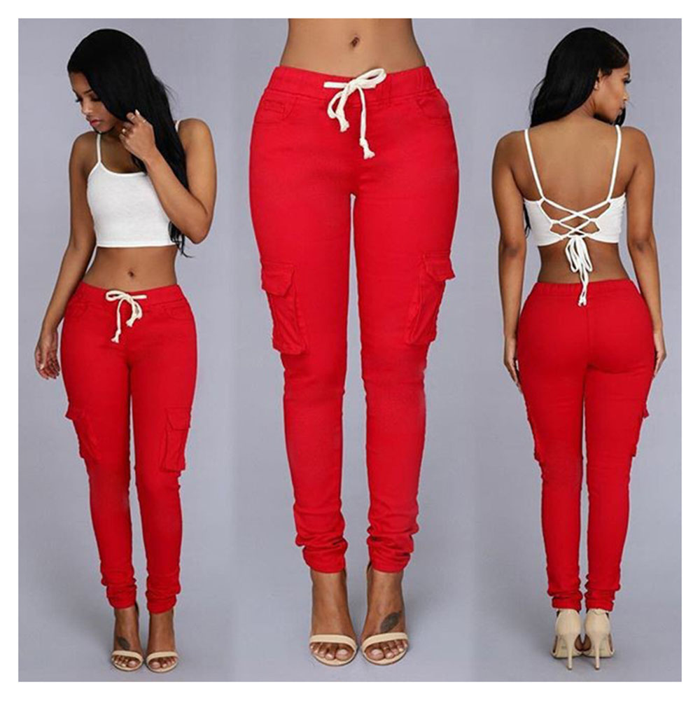 Women's Pencil Pants Multi-pocket Drawstring Lace-up Women's Casual Pants Multi-color Optional 4XL