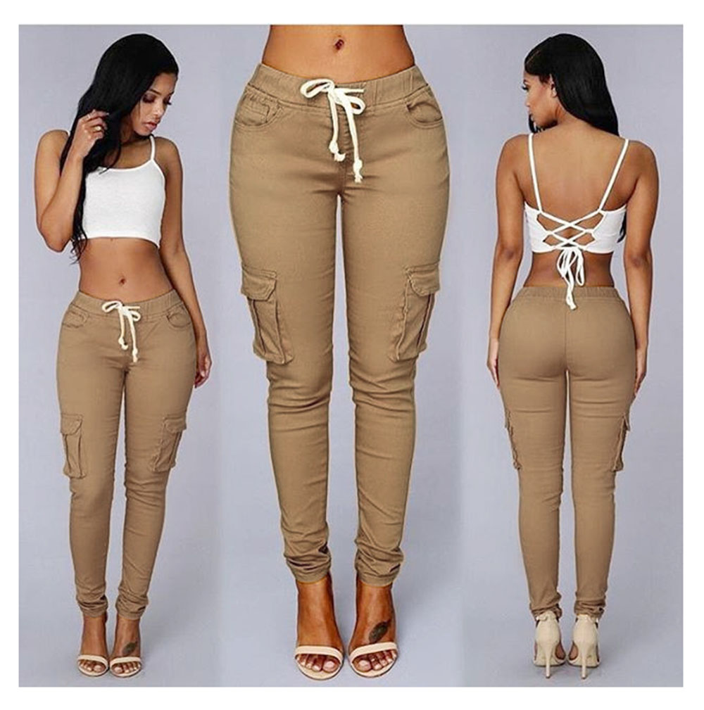 Women's Pencil Pants Multi-pocket Drawstring Lace-up Women's Casual Pants Multi-color Optional 4XL