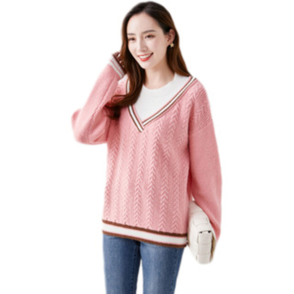 Fashion Contrast Color Fake Two-piece Sweater Women Loose Pullover Sweater Women