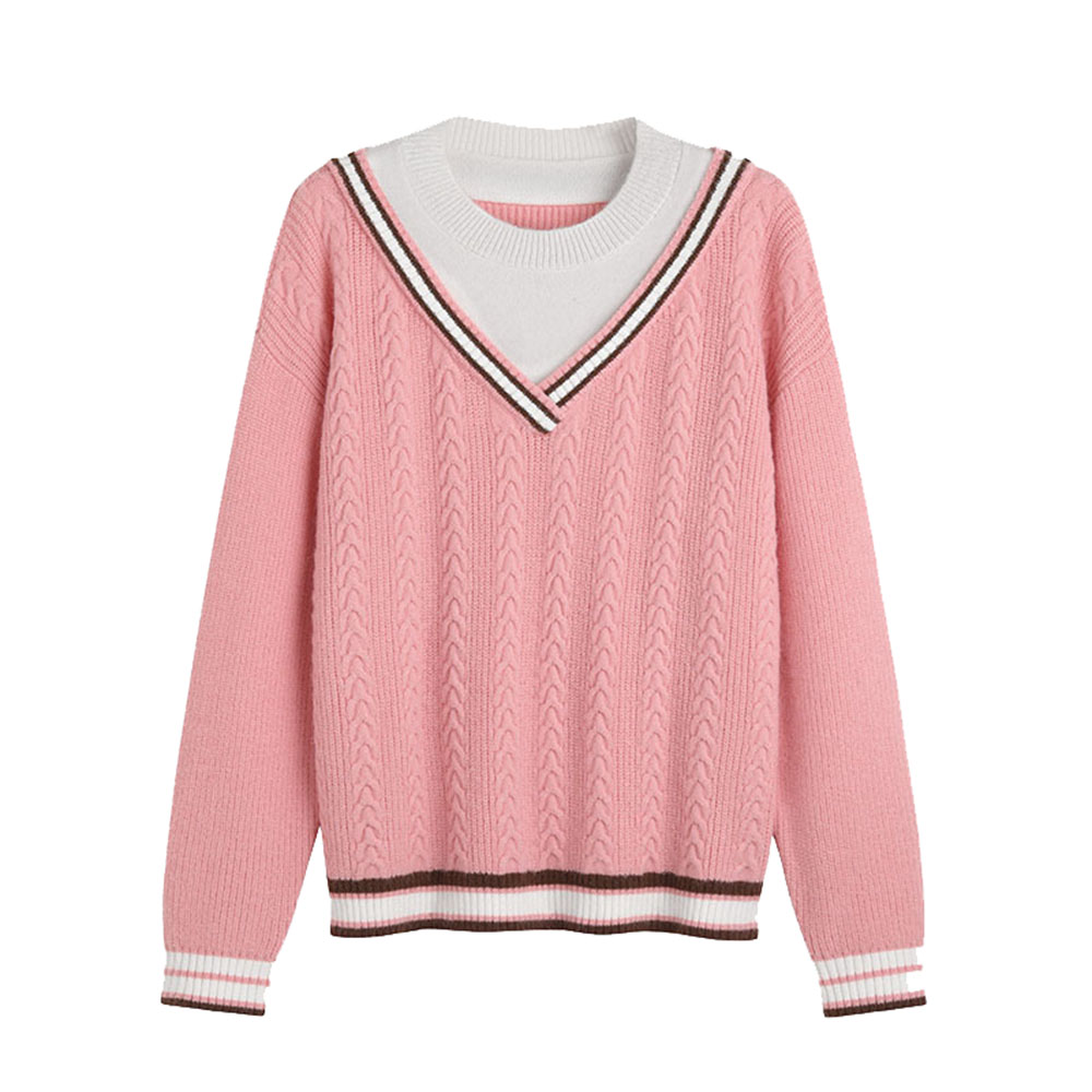 Fashion Contrast Color Fake Two-piece Sweater Women Loose Pullover Sweater Women