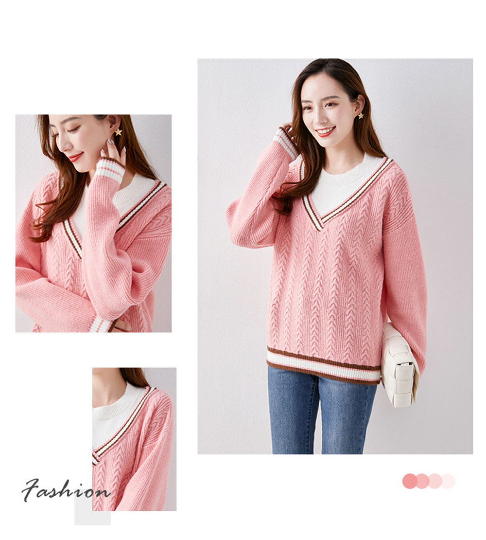 Fashion Contrast Color Fake Two-piece Sweater Women Loose Pullover Sweater Women