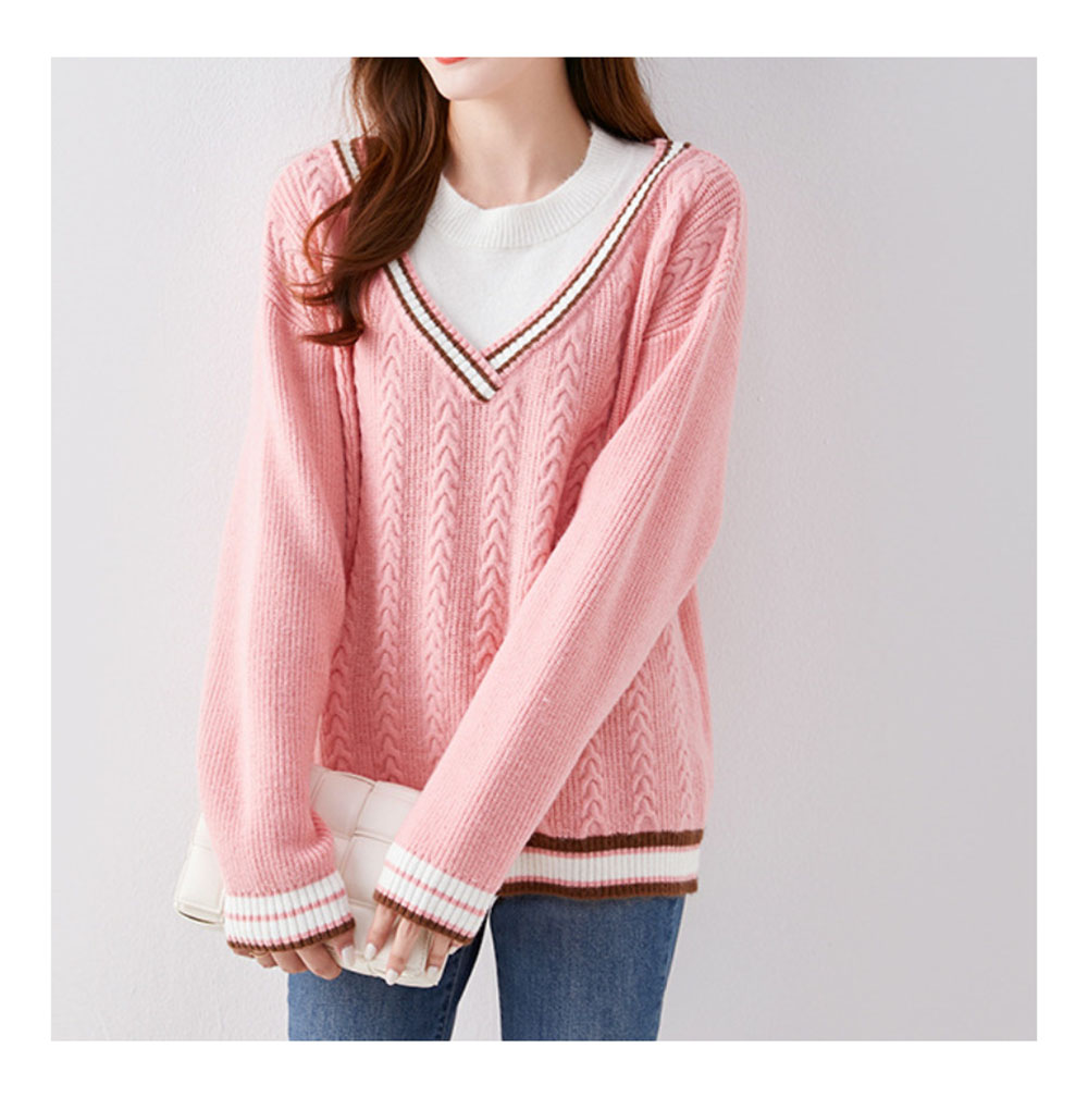 Fashion Contrast Color Fake Two-piece Sweater Women Loose Pullover Sweater Women