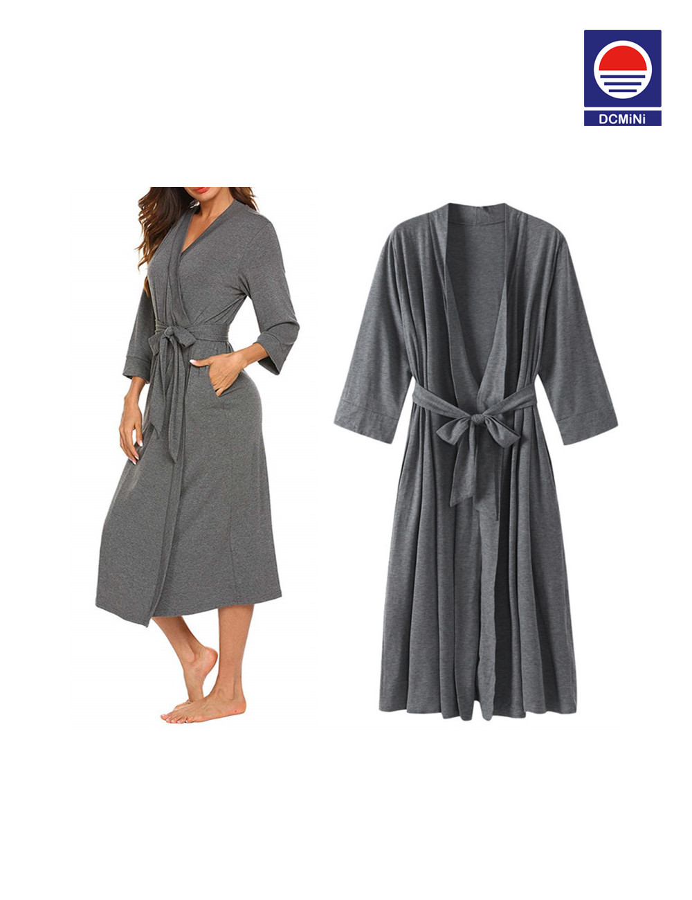 DCMINI Women Kimono Robes Cotton Long Robe Knit Bathrobe Soft Sleepwear V-Neck Ladies Loungewear
