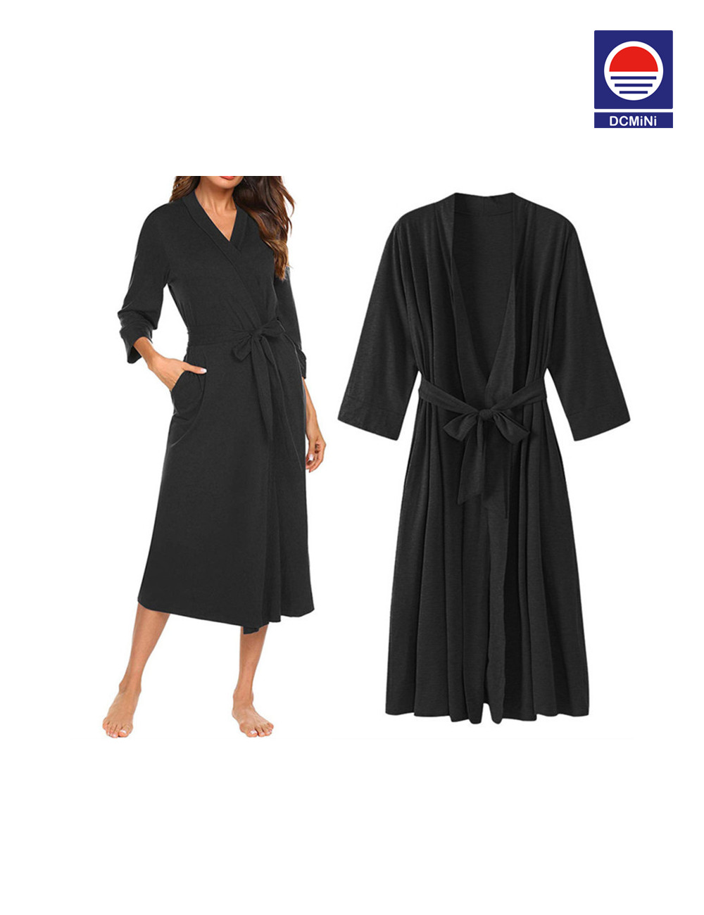DCMINI Women Kimono Robes Cotton Long Robe Knit Bathrobe Soft Sleepwear V-Neck Ladies Loungewear