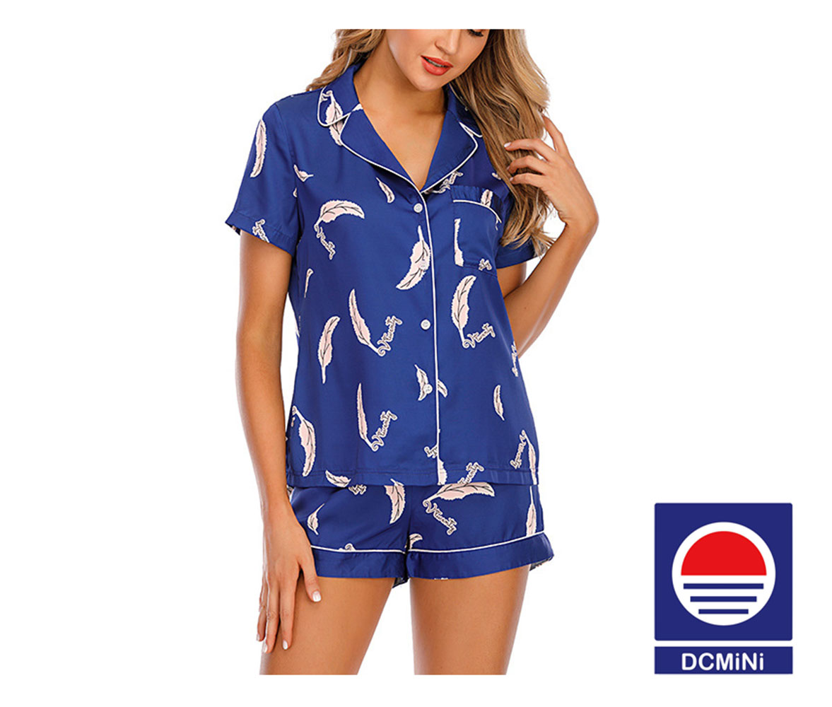 DCMINI Stretch Satin Imitation Silk Printed Short-sleeved Shorts Suit Chick Lapel Comfortable