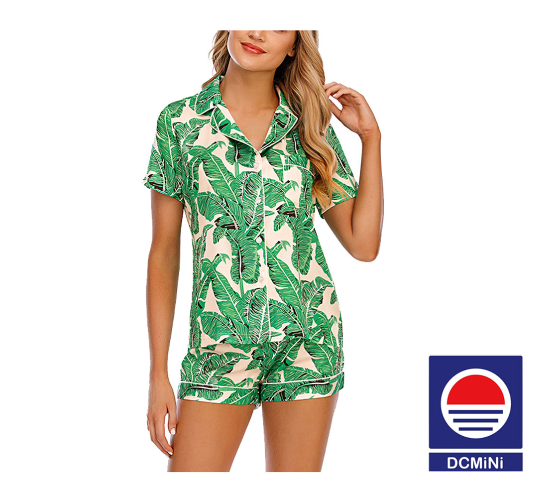 DCMINI Stretch Satin Imitation Silk Printed Short-sleeved Shorts Suit Chick Lapel Comfortable