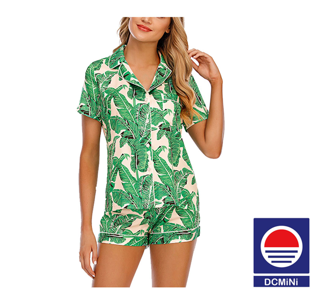 DCMINI Stretch Satin Imitation Silk Printed Short-sleeved Shorts Suit Chick Lapel Comfortable