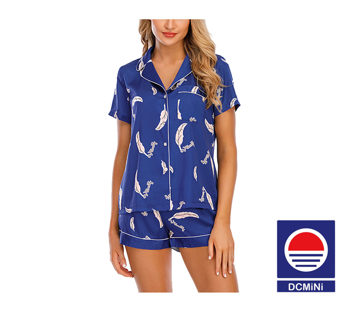 DCMINI Stretch Satin Imitation Silk Printed Short-sleeved Shorts Suit Chick Lapel Comfortable