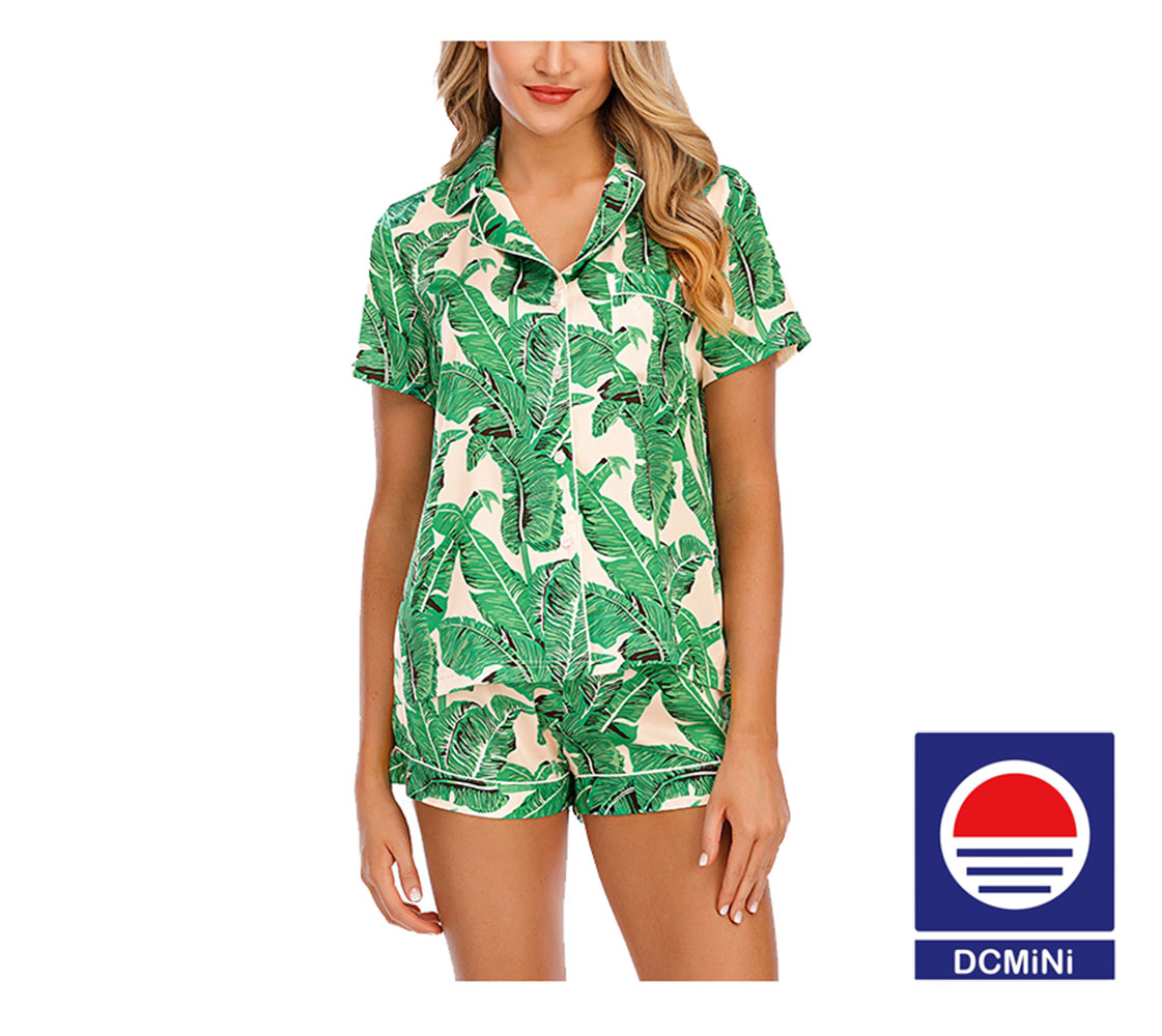 DCMINI Stretch Satin Imitation Silk Printed Short-sleeved Shorts Suit Chick Lapel Comfortable