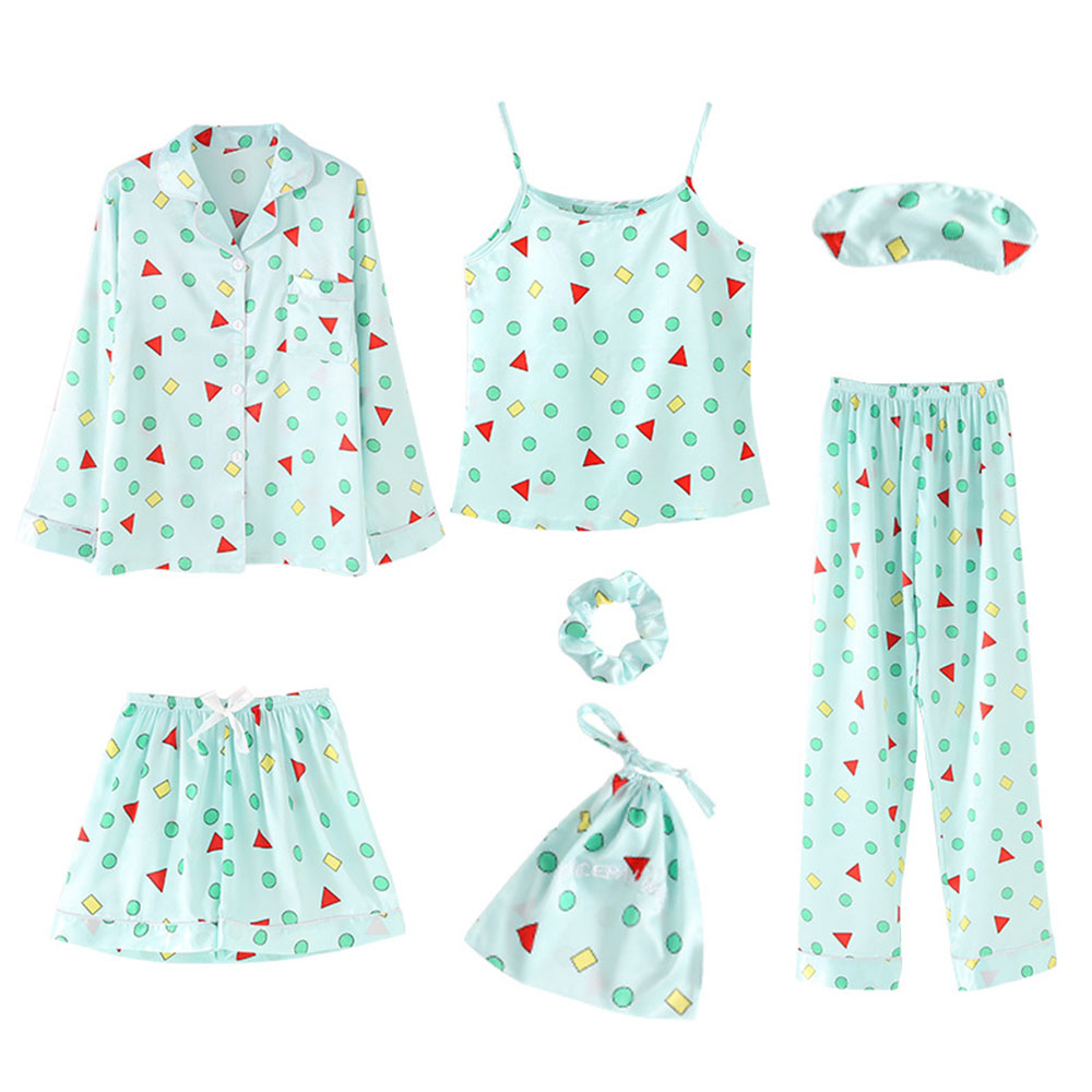 7 Sets of Girls Seven-piece Simulation Silk Vest Geometric Pajamas Home Service Suit Girl Heart.