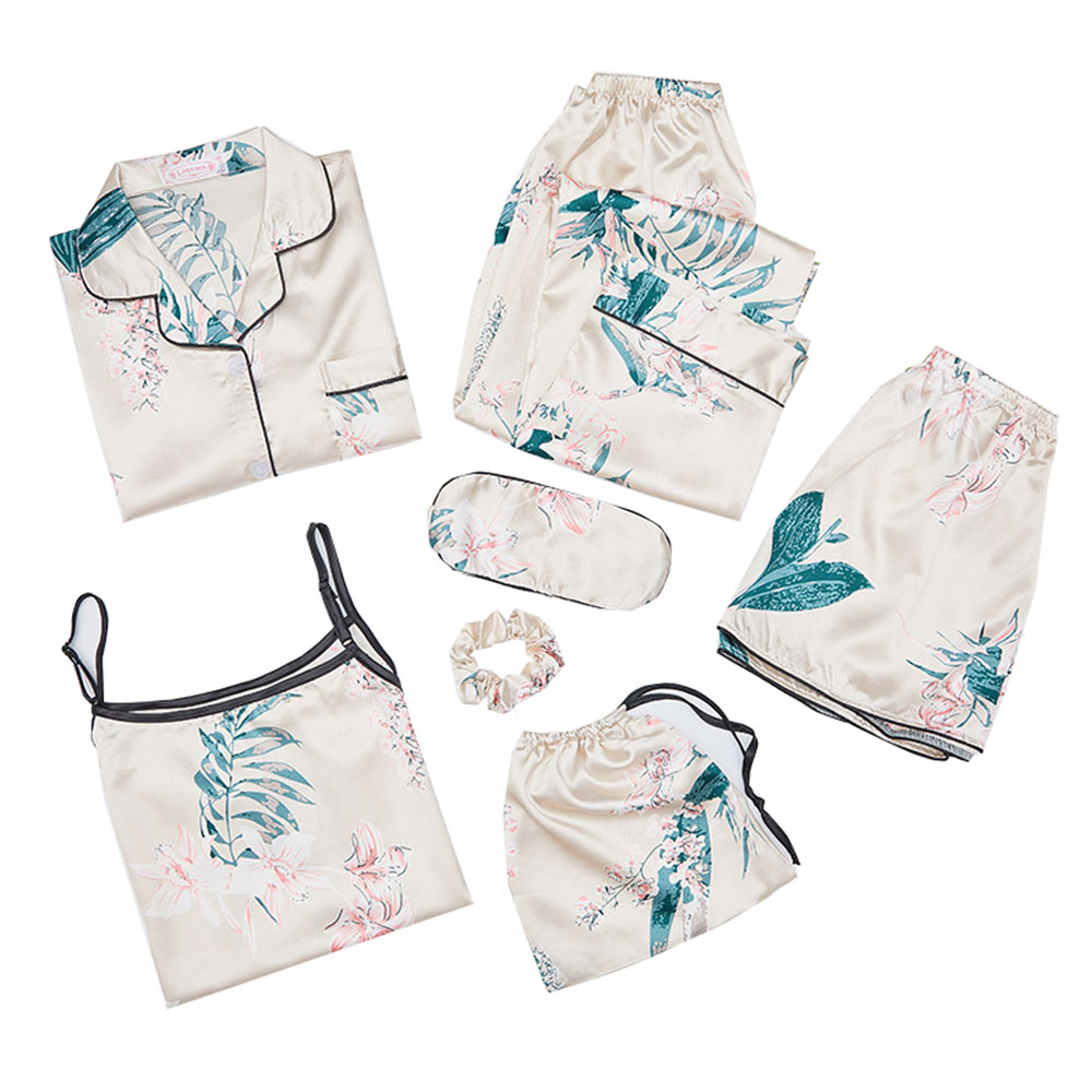7 Sets of Girls Seven-piece Simulation Silk Vest Geometric Pajamas Home Service Suit Girl Heart.