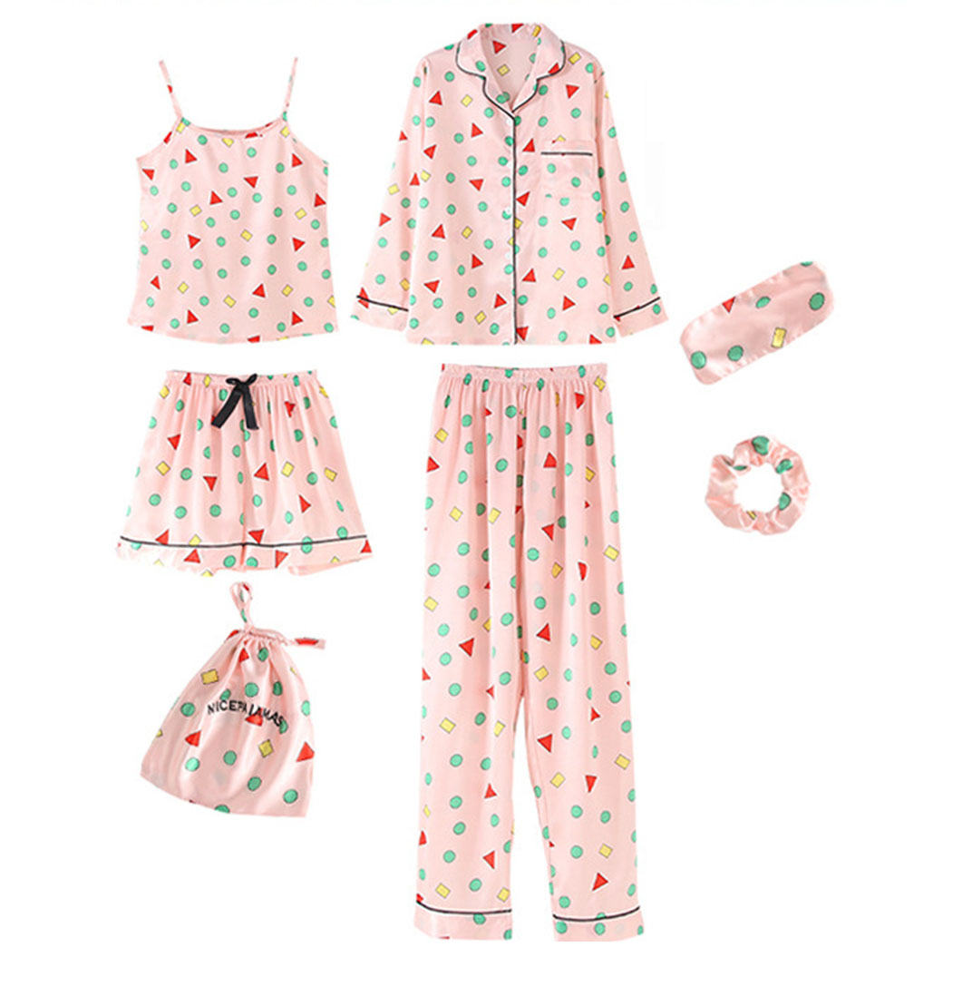 7 Sets of Girls Seven-piece Simulation Silk Vest Geometric Pajamas Home Service Suit Girl Heart.