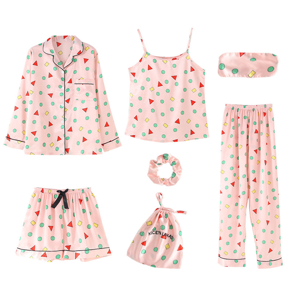 7 Sets of Girls Seven-piece Simulation Silk Vest Geometric Pajamas Home Service Suit Girl Heart.