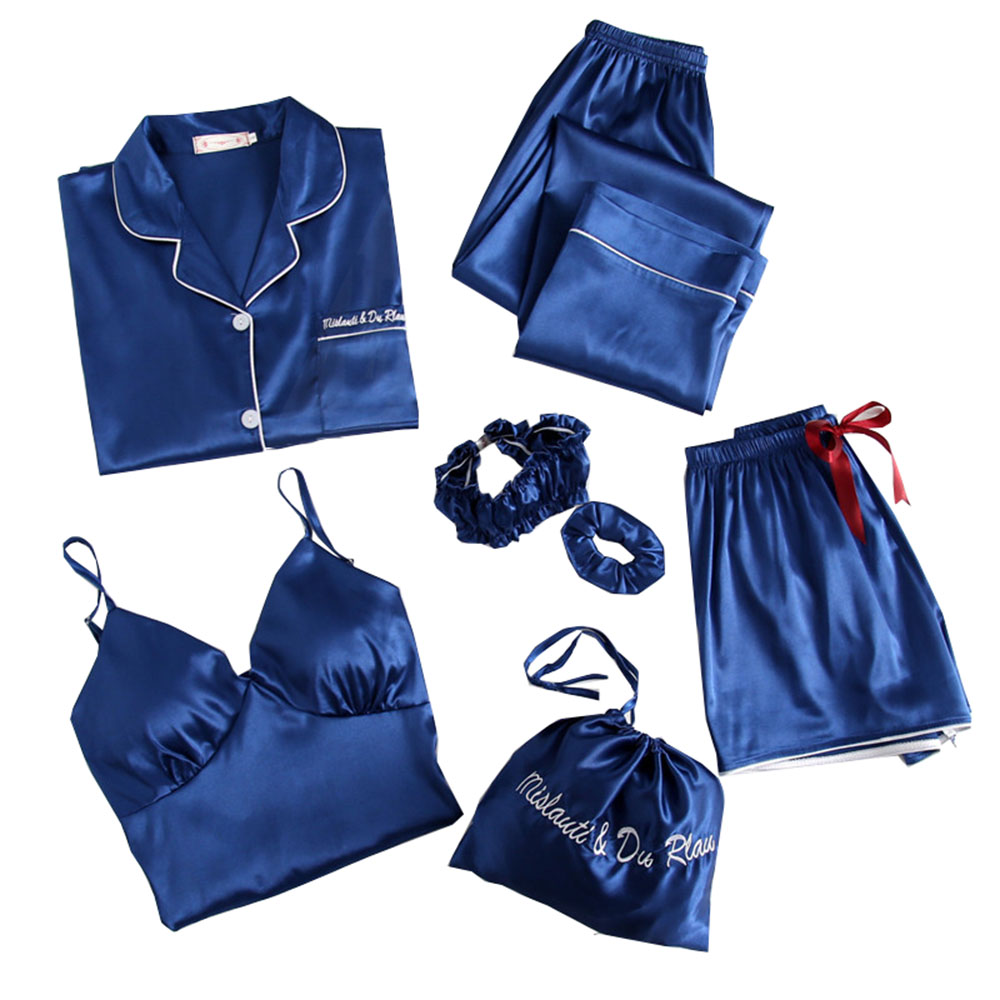 7 Sets of Girls Seven-piece Simulation Silk Vest Geometric Pajamas Home Service Suit Girl Heart.