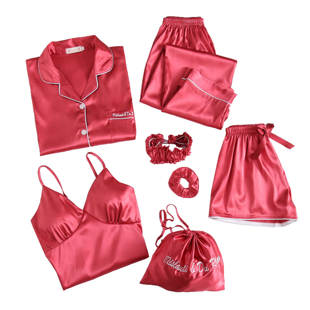 7 Sets of Girls Seven-piece Simulation Silk Vest Geometric Pajamas Home Service Suit Girl Heart.