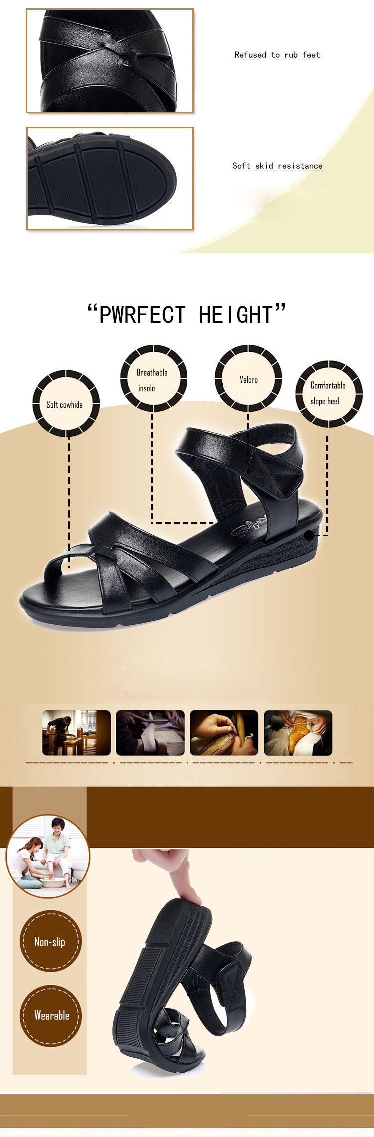 Sandals Women&apos;s Summer Mid-heel Flat Shoes Cowhide School Leather Plus Size Mother Shoes.