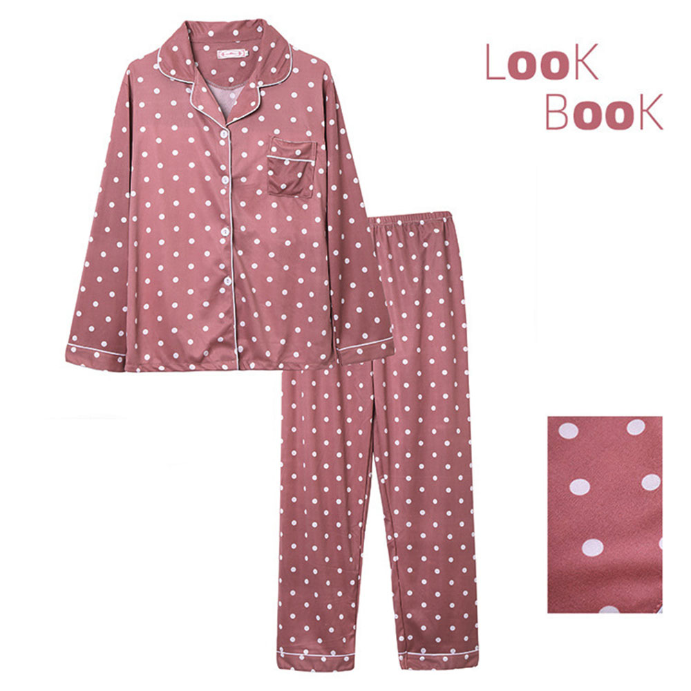Long Sleeve Pajamas Women&apos;s Cardigan Milk Silk Suit Polka Dot Trousers Plus Size Home Service.