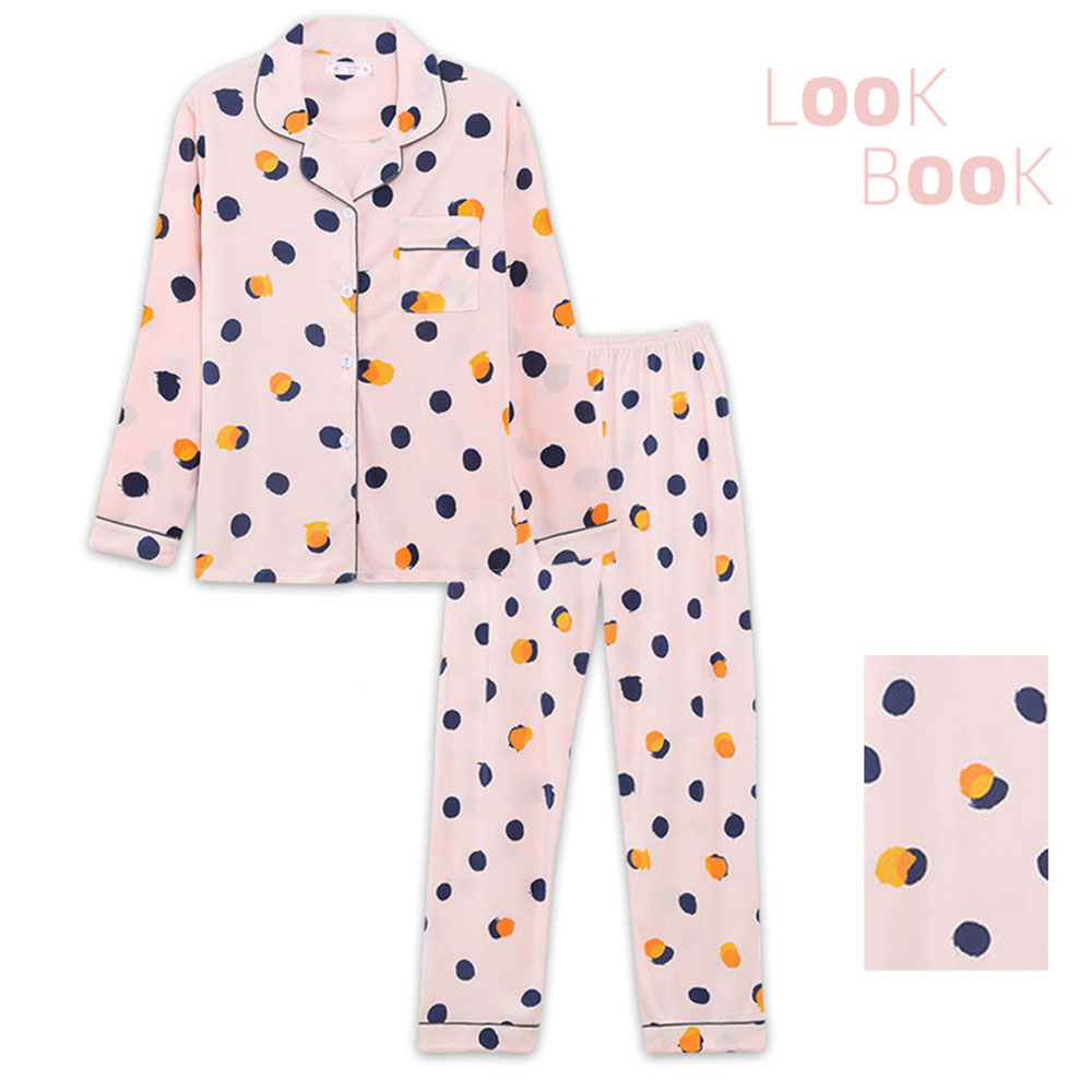 Long Sleeve Pajamas Women&apos;s Cardigan Milk Silk Suit Polka Dot Trousers Plus Size Home Service.