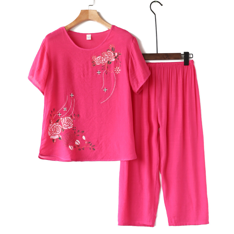 Middle-aged and Elderly Women's Linen Short-sleeved Two-piece Loose Large Size Casual Suit