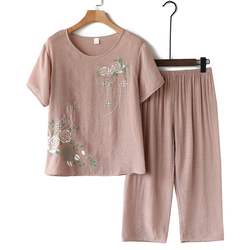 Middle-aged and Elderly Women's Linen Short-sleeved Two-piece Loose Large Size Casual Suit