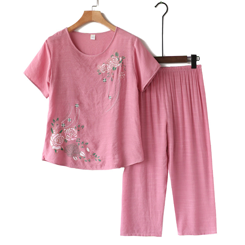 Middle-aged and Elderly Women's Linen Short-sleeved Two-piece Loose Large Size Casual Suit