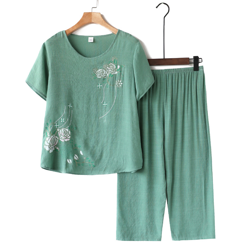 Middle-aged and Elderly Women's Linen Short-sleeved Two-piece Loose Large Size Casual Suit