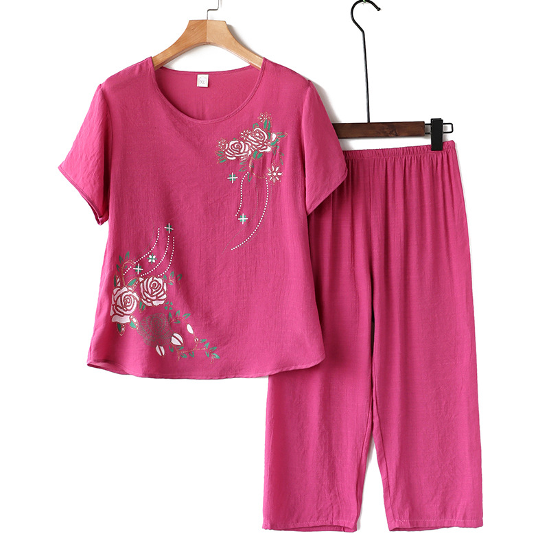 Middle-aged and Elderly Women's Linen Short-sleeved Two-piece Loose Large Size Casual Suit