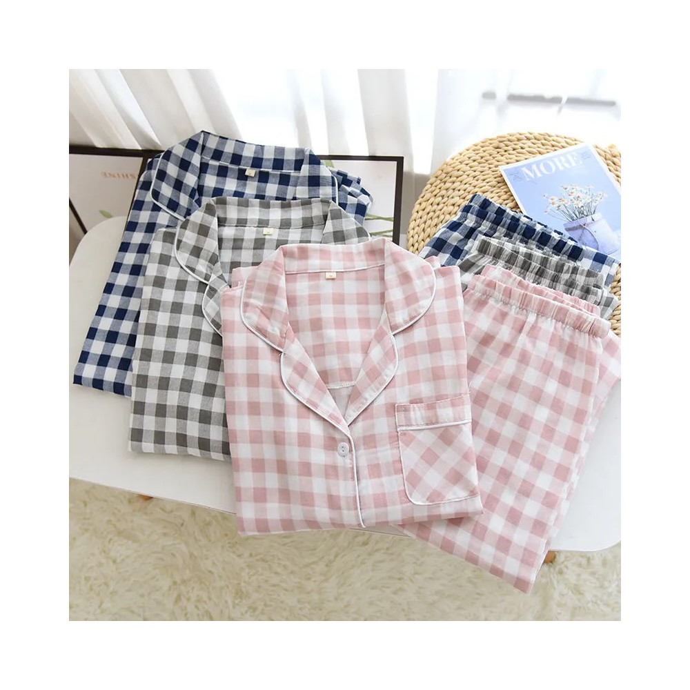 Spring Autumn Men&apos;s Plaid Pajamas Women 100% Cotton Gauze Pajama Set Couple Sleepwear Soft Pjs