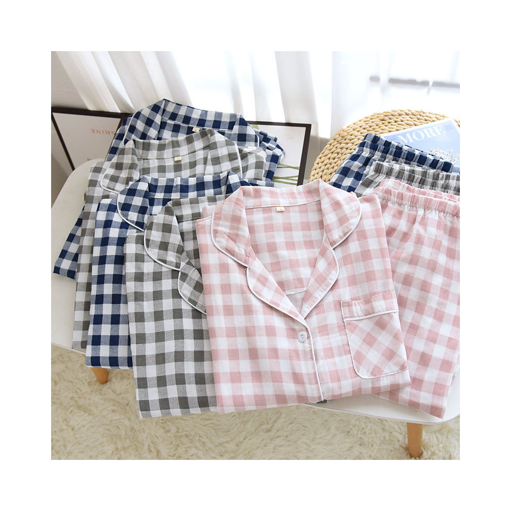 Spring Autumn Men&apos;s Plaid Pajamas Women 100% Cotton Gauze Pajama Set Couple Sleepwear Soft Pjs