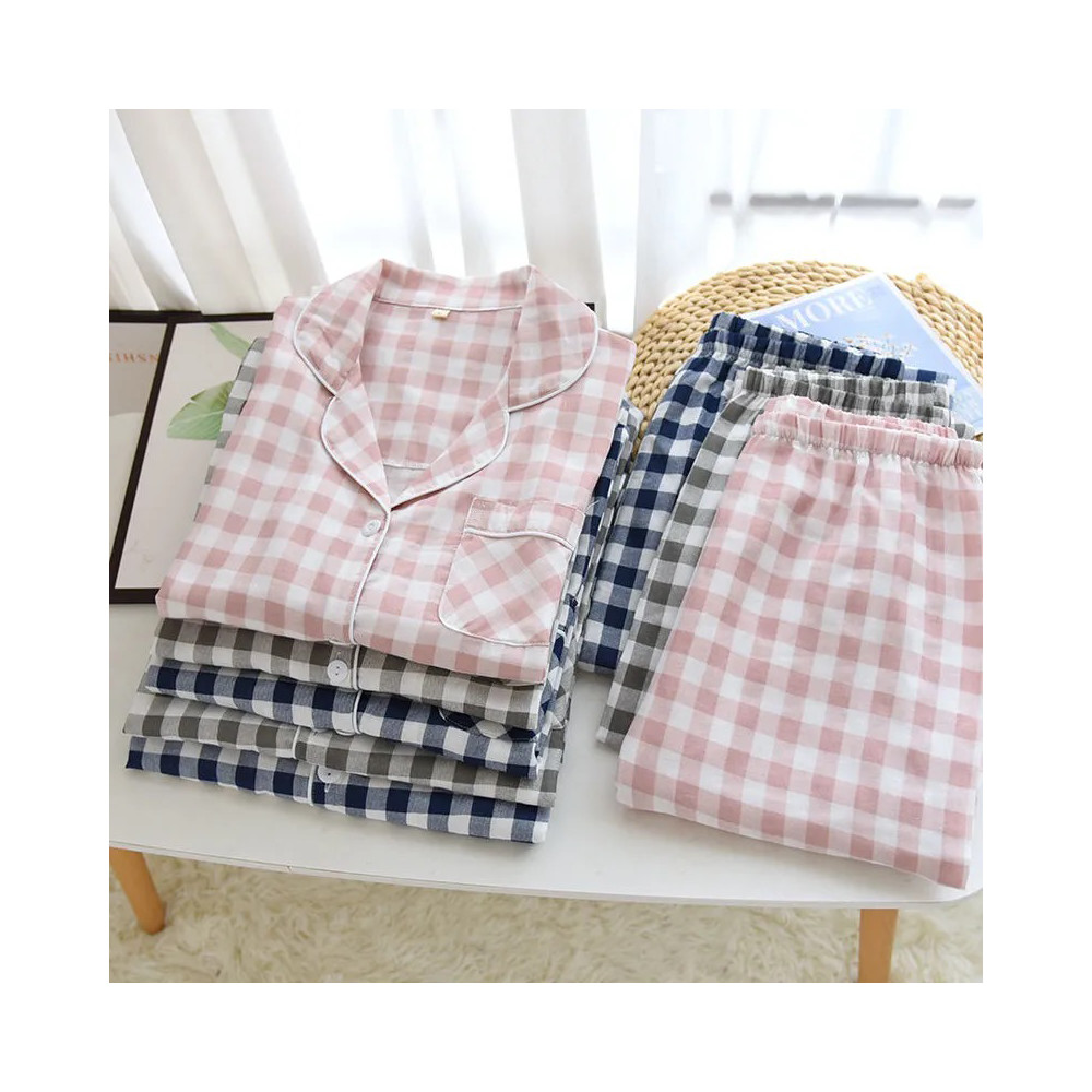 Spring Autumn Men&apos;s Plaid Pajamas Women 100% Cotton Gauze Pajama Set Couple Sleepwear Soft Pjs