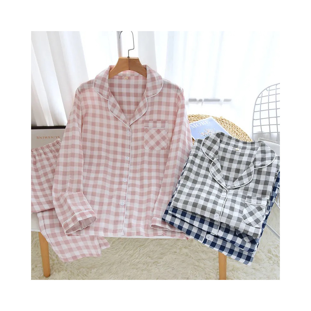 Spring Autumn Men&apos;s Plaid Pajamas Women 100% Cotton Gauze Pajama Set Couple Sleepwear Soft Pjs
