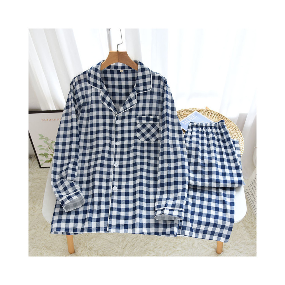 Spring Autumn Men&apos;s Plaid Pajamas Women 100% Cotton Gauze Pajama Set Couple Sleepwear Soft Pjs
