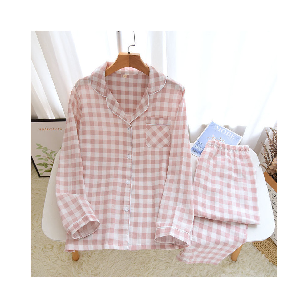 Spring Autumn Men&apos;s Plaid Pajamas Women 100% Cotton Gauze Pajama Set Couple Sleepwear Soft Pjs