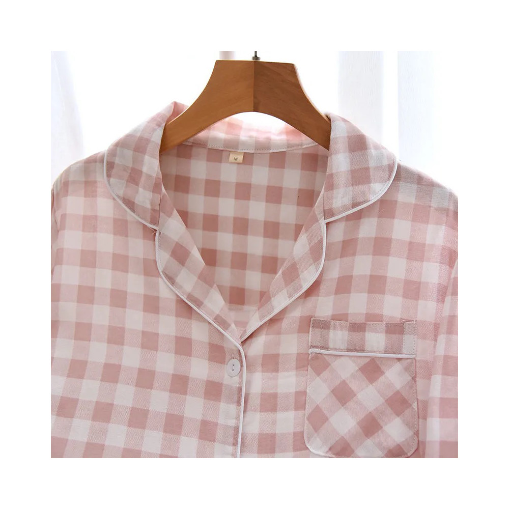 Spring Autumn Men&apos;s Plaid Pajamas Women 100% Cotton Gauze Pajama Set Couple Sleepwear Soft Pjs