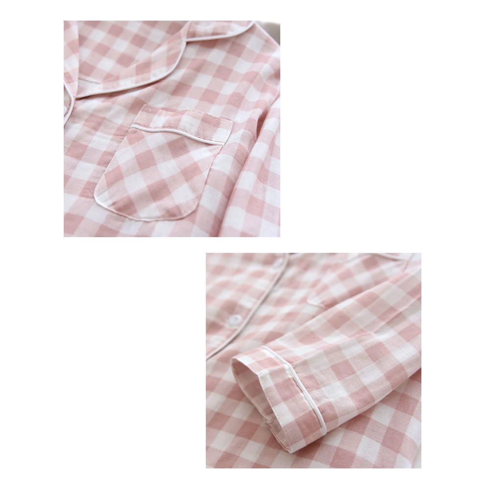 Spring Autumn Men&apos;s Plaid Pajamas Women 100% Cotton Gauze Pajama Set Couple Sleepwear Soft Pjs