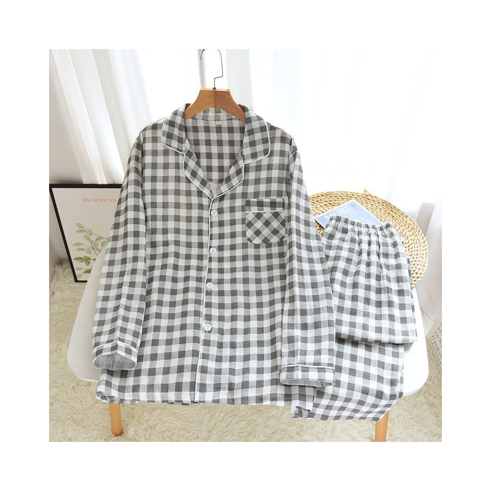 Spring Autumn Men&apos;s Plaid Pajamas Women 100% Cotton Gauze Pajama Set Couple Sleepwear Soft Pjs