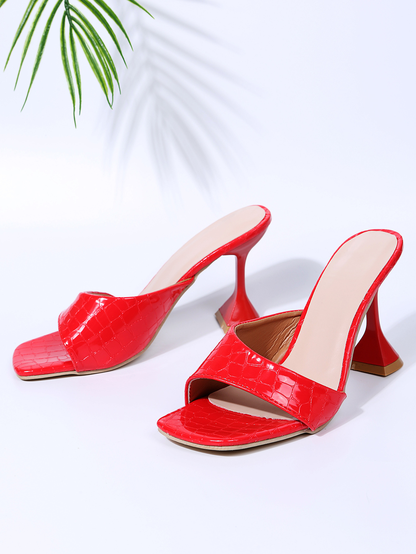 Summer Women's Slippers, High Heels, Square Toe Patent Leather Sandals, Women's Shoes