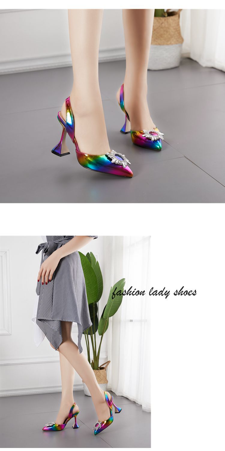 Rainbow Color Women Sandals Pointed Toe Sun Style Rhinestone High Heels Weeding Shoes Spike Heel Slingback Pumps dfv567