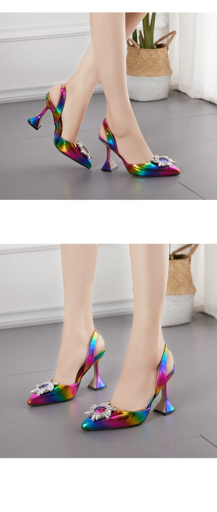 Rainbow Color Women Sandals Pointed Toe Sun Style Rhinestone High Heels Weeding Shoes Spike Heel Slingback Pumps dfv567
