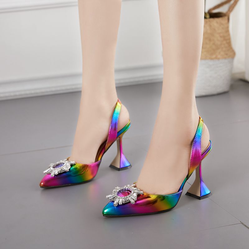 Rainbow Color Women Sandals Pointed Toe Sun Style Rhinestone High Heels Weeding Shoes Spike Heel Slingback Pumps dfv567