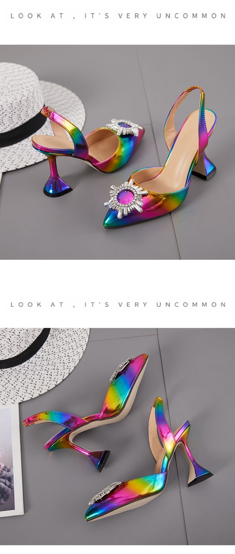 Rainbow Color Women Sandals Pointed Toe Sun Style Rhinestone High Heels Weeding Shoes Spike Heel Slingback Pumps dfv567