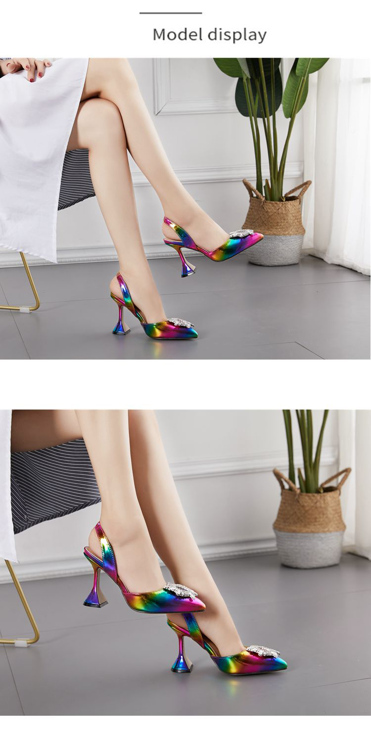 Rainbow Color Women Sandals Pointed Toe Sun Style Rhinestone High Heels Weeding Shoes Spike Heel Slingback Pumps dfv567