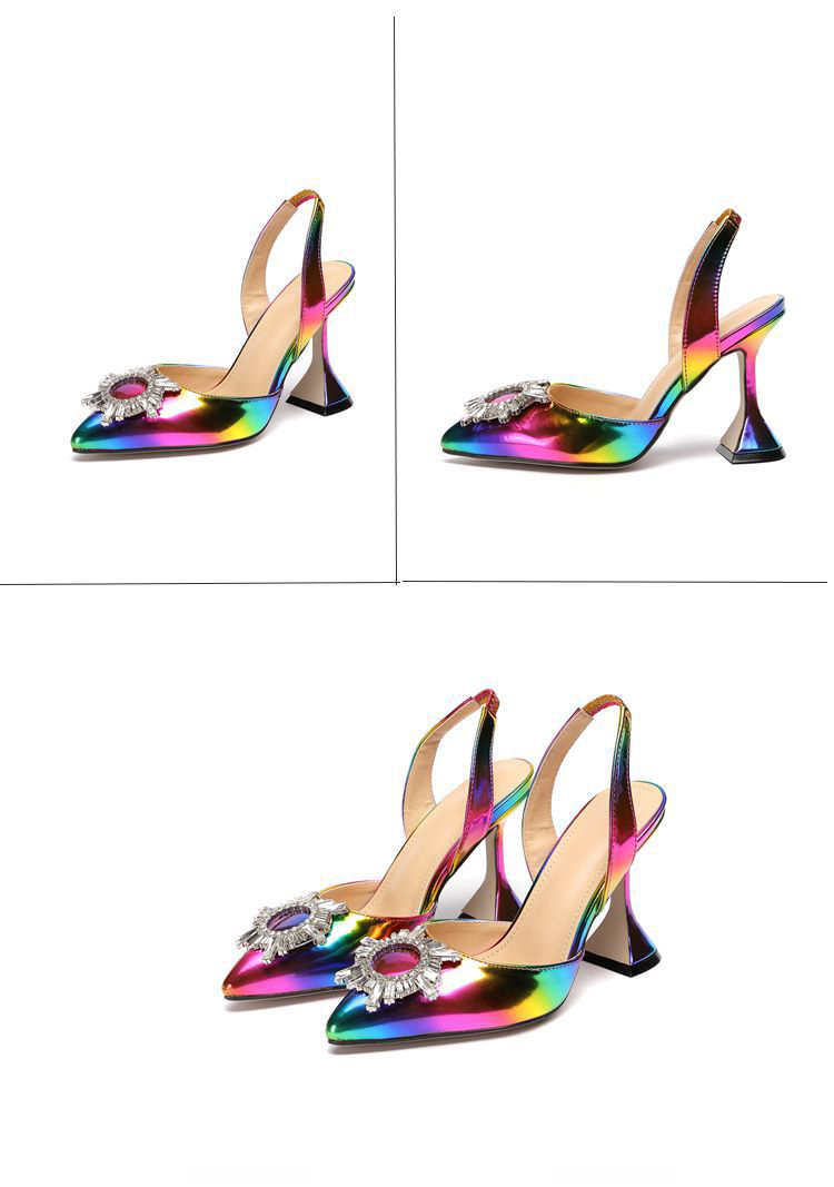 Rainbow Color Women Sandals Pointed Toe Sun Style Rhinestone High Heels Weeding Shoes Spike Heel Slingback Pumps dfv567