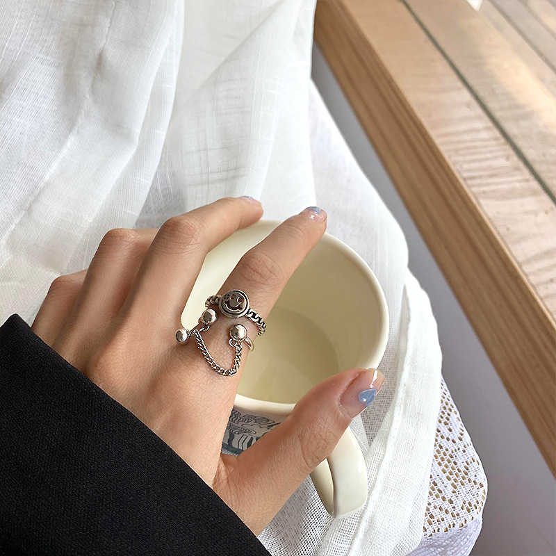 Female Ring Does Not Fade Smiley Face Chain Open Ring Design Niche High-end Ins Index Finger Ring