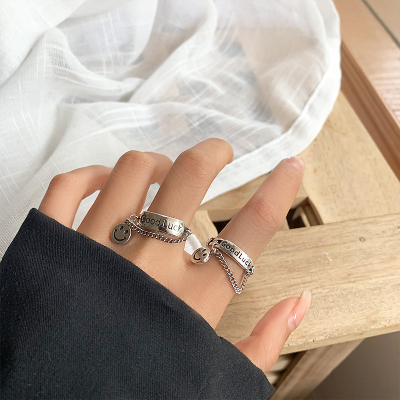 Female Ring Does Not Fade Smiley Face Chain Open Ring Design Niche High-end Ins Index Finger Ring