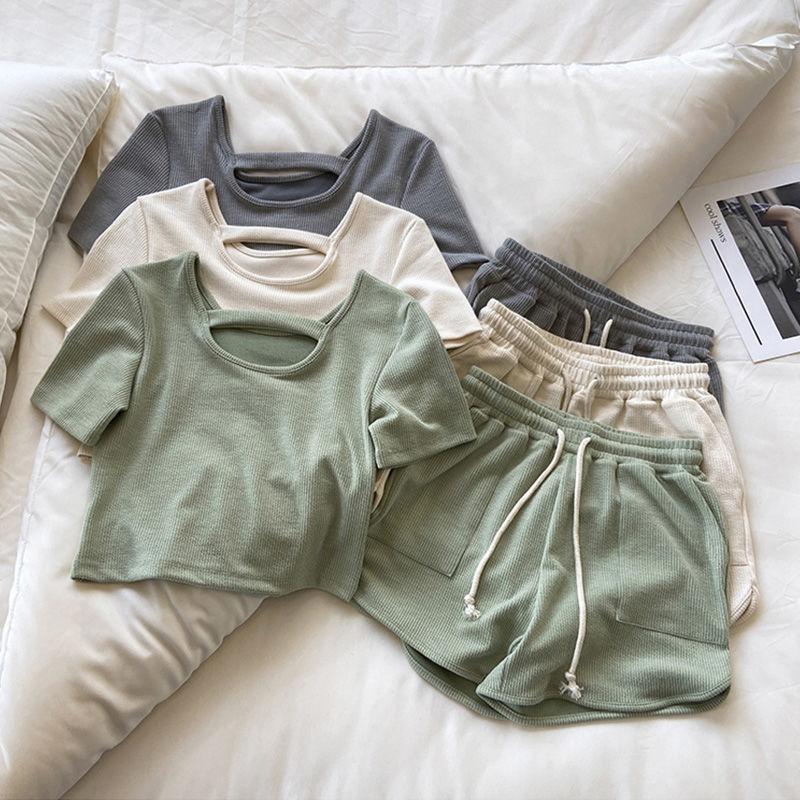 Summer Women Solid Color Yoga Suit Fitness Sportswear Workout Clothes Short Sleeve Hollow Out Crop Top Shorts Gym 2 piece Set