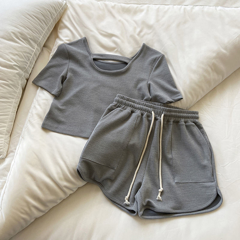 Summer Women Solid Color Yoga Suit Fitness Sportswear Workout Clothes Short Sleeve Hollow Out Crop Top Shorts Gym 2 piece Set