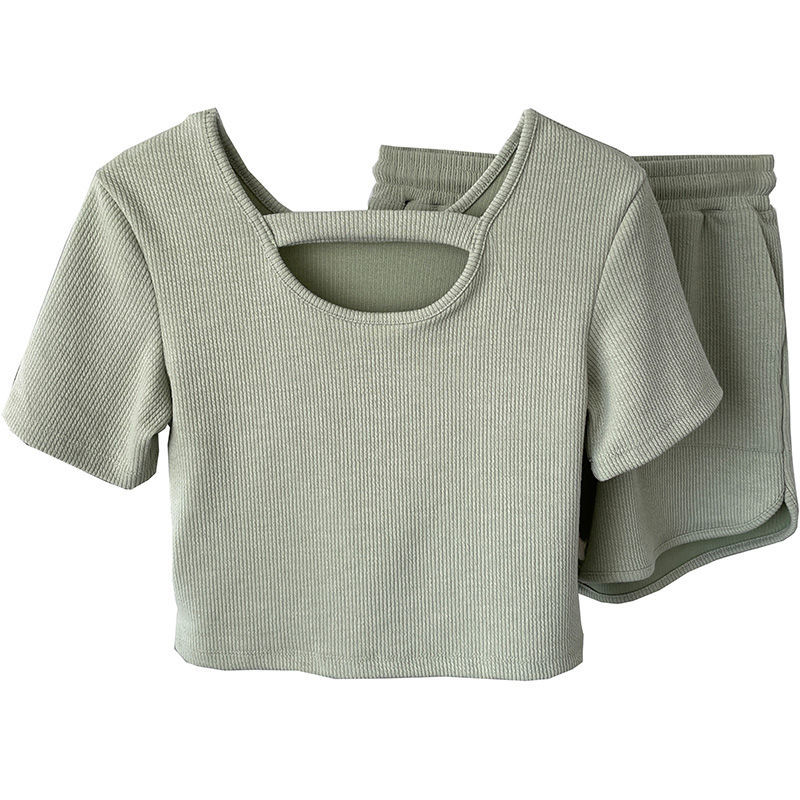 Summer Women Solid Color Yoga Suit Fitness Sportswear Workout Clothes Short Sleeve Hollow Out Crop Top Shorts Gym 2 piece Set